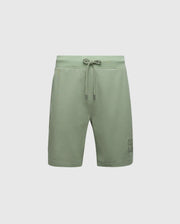 The Psycho Bunny Men's Levanzo Sweatshorts, B6R578F200, are green casual wear crafted from micro French terry. They feature a drawstring waistband and an embroidered bunny logo on the left leg near the hem, with their vibrant color standing out against a plain white background.