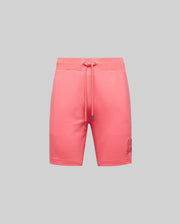 The Psycho Bunny Mens Levanzo Embroidered Micro French Terry Sweatshort (B6R578F200) in coral pink features an elastic waistband, drawstring, and a raised Bunny logo on the lower left leg, shown against a plain light grey background.