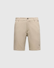 The Psycho Bunny MENS SHIRO KNIT HONEYCOMB SHORT (B6R585F200) is a beige, honeycomb-patterned piqué short with belt loops, front button and zipper closure, and a small embroidered logo near the left hem, shown on a white background.