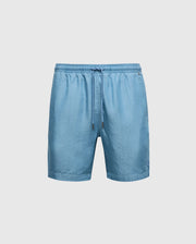 The Psycho Bunny MENS KERVIN LIGHTWEIGHT DENIM WOVEN SHORT - B6R633F200 features a light blue hue with an elastic waistband, drawstring, and soft lightweight denim for comfortable casual wear. It is displayed against a plain, light background.