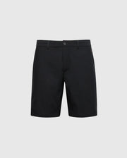 Psycho Bunny's MENS 10K STEP SHORT - B6R969F200 are black shorts featuring a buttoned waistband and belt loops, shown on a white background. They offer a classic, tailored fit with a straight-leg design for effortless style and breathable comfort during any activity.