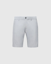 The Psycho Bunny MENS 10K STEP SHORT - B6R969F200 are gray shorts featuring a button and zipper closure, belt loops, and two front pockets. Designed for athletic breathability with a smooth and slightly reflective fabric, they are shown on a plain light gray background.