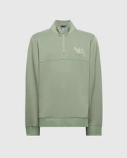 The Psycho Bunny MENS DESERT 1/4 MOCK ZIP in light green features a small embroidered wordmark logo with white text and a graphic on the left chest. Made from 100% cotton, this stylish sweatshirt has long sleeves with ribbed cuffs. Model: B6S488F200.