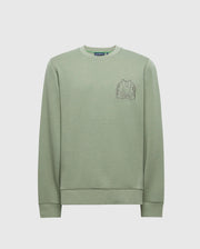The Psycho Bunny Men's Melbourne Embroidered Classic Modal Crewneck Sweatshirt (B6S561F200) in light green features a small embroidered graphic on the left chest, crafted from soft stretch jersey with a round neckline and long sleeves for both style and comfort.