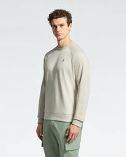 A person with short curly hair is wearing a light gray and sage green Psycho Bunny MENS ARCHIE MELANGE COLOR BLOCK SWEATSHIRT, featuring an embroidered bunny peeking from the pocket, as they stand against a plain white background, slightly facing left.