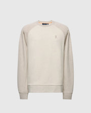 The MENS ARCHIE MELANGE COLOR BLOCK SWEATSHIRT by Psycho Bunny features a light gray color, cotton jersey fabric, ribbed cuffs and hem, round neckline, long sleeves, and a small embroidered bunny logo on the left chest. Its simple classic design is ideal for monochrome styling and promises comfort.