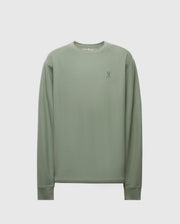The MENS TAYLOR PIQUE LONG SLEEVE TEE by Psycho Bunny, in sage green, is crafted from soft Pima cotton and features an embroidered Bunny logo on the left chest. A light gray background highlights its elegant details.