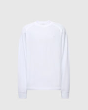 The Psycho Bunny Men's Taylor Pique Long Sleeve Tee (B6T580F200) is crafted from luxurious Pima cotton in plain white with a round collar, subtle stitching details, and features a small embroidered bunny logo on the left chest against a solid light gray background.