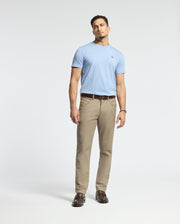 A man poses against a plain backdrop in a Psycho Bunny MENS CLASSIC CREW NECK TEE - B6U014B200, light blue, made from Pima cotton, paired with khaki pants and brown shoes. His neutral expression and relaxed stance encapsulate men's classic style.
