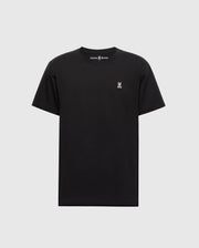 The Psycho Bunny Men's Classic Crew Neck Tee (B6U014CRPC) is a plain black shirt made from 100% Pima cotton. It features a small white and purple bunny logo on the upper left, short sleeves, a round neckline with taped seams, and is displayed on a light gray background.