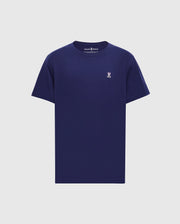 The MENS CLASSIC CREW NECK TEE (B6U014CRPC) by Psycho Bunny is a versatile navy blue pima cotton shirt with short sleeves and a small white embroidered rabbit with crossed bones logo on the left chest, perfectly contrasting its light gray background.