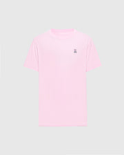 The Psycho Bunny MENS CLASSIC CREW NECK TEE - B6U014CRPC features a light pink color with short sleeves and a small embroidered peace sign on the upper left. Made from soft Pima cotton in a regular fit, it's shown on a plain gray background.