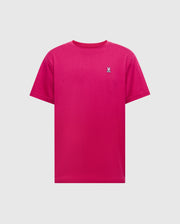 The MENS CLASSIC CREW NECK TEE by Psycho Bunny (B6U014CRPC) features a bright pink color, soft Pima cotton fabric, short sleeves, and a classic crewneck with a small embroidered bunny logo on the left chest. The background is plain white.