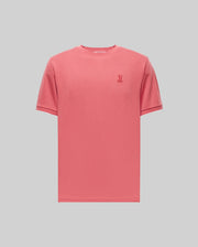 The Psycho Bunny MENS BRYCE PERFORMANCE TEE (B6U490F200) is a plain pink short-sleeve Pima cotton tee with a small embroidered logo on the left chest, shown against a light gray background.