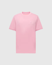 The MENS BRYCE PERFORMANCE TEE - B6U490F200 by Psycho Bunny features a plain pink design with short sleeves and a crew neck, made from a Modal-Pima cotton blend. A small embroidered logo is on the left chest, set against a light gray background.