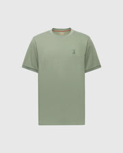 The Psycho Bunny MENS BRYCE PERFORMANCE TEE (B6U490F200) is a plain sage green Pima cotton T-shirt with short sleeves, a simple embroidered logo on the left chest, and a round neckline, highlighting Peruvian craftsmanship against a light gray backdrop.