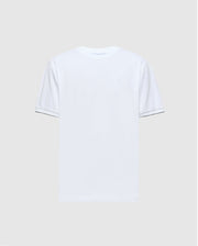 The Psycho Bunny MENS BRYCE PERFORMANCE TEE - B6U490F200 is a white, slim-fit short-sleeve T-shirt crafted from a Modal-Pima cotton blend. It features a small, subtle embroidered logo on the upper left side and has a minimalistic design with no additional patterns or colors.
