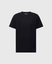 The Psycho Bunny MENS TAYLOR PIQUE TEE - B6U579F200 is a soft black Pima cotton T-shirt with short sleeves and a crew neck. An embroidered Bunny logo subtly accents the left chest, while the light gray background enhances its timeless simplicity.