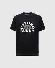 The MENS GOLDIE GRAPHIC TEE - B6U606F200 by Psycho Bunny features "Psycho Bunny" in large white letters across the chest with a bunny graphic. Made from premium Pima cotton, this black tee combines comfort and style.
