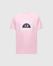 Experience the Psycho Bunny Men's Goldie Graphic Tee, crafted in luxurious pink Peruvian Pima cotton. It features "PSYCHO BUNNY" in white and two distinctive bunny heads centered on the chest against a plain background.