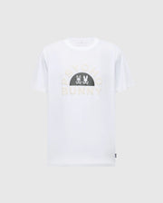 The MENS GOLDIE GRAPHIC TEE - B6U606F200 by Psycho Bunny features "Psycho Bunny" text and two bunny silhouettes on the front, made from soft Pima cotton for comfort.