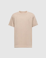 The Mens James Premium Crew Neck Tee by Psycho Bunny is a beige short-sleeve T-shirt made from quality Pima cotton, featuring a small embroidered rabbit outline on the left chest against a plain white background.