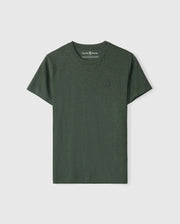 Displayed against a white background, the Psycho Bunny MENS JAMES PREMIUM CREW NECK TEE (B6U952D200) is a dark green, short-sleeve T-shirt made from soft cotton. It features a stylish crew neck and a subtle embroidered emblem on the left chest area.