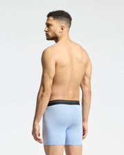 A man with short curly hair faces away from the camera, shirtless and gazing sideways against a neutral backdrop, wearing Psycho Bunny's MENS 2 PACK BOXER BRIEF - B6V481F200 in light blue modal blend featuring a black waistband.
