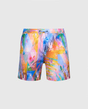 The Psycho Bunny MENS MILOS PRINTED SWIM TRUNK - B6W446F200 features a vibrant geometric pattern with playful bunny designs. These quick-dry shorts have a yellow drawstring on a gray background, perfect for showcasing your vacation style.