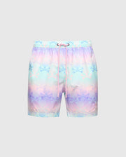 The Psycho Bunny MENS FORSTER BUNNY PRINTED SWIM TRUNK (B6W621F200) features a dreamy pastel palette with light blue, pink, and purple gradients and subtle stars on light gray, enhanced by a drawstring waistband—perfect for an ocean view.