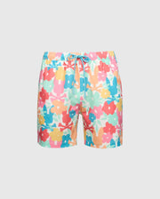 The MENS LEMMON ALL OVER PRINT SWIM TRUNK - B6W658F200 by Psycho Bunny combines comfort and style with its floral design. Featuring a drawstring waist, it showcases red, blue, pink, green, and orange flowers on a light polyester mechanical stretch fabric background.