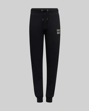 The Psycho Bunny KIDS WADE CORD PATCH SWEATPANT (KB0800002) features black premium cotton-blend sweatpants with an elastic waistband, drawstring, fitted cuffs, and a small printed logo on the left thigh. Shown on a light gray background.