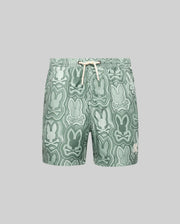 The KIDS CHUCK ALL OVER PRINT LIGHTWEIGHT SWIM TRUNK by Psycho Bunny features an abstract green bunny pattern, a white drawstring, and is made from recycled polyester, shown on a plain gray background.