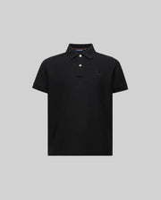 The Psycho Bunny KIDS CYRUS WORDMARK PIQUE POLO (KT0100026) is a soft Pima cotton, black short-sleeved polo with a collar, two white buttons, and subtle wordmark embroidery on the collar and chest, shown on a plain gray background.