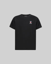 The KIDS MISCHIEF BUNNY TEE (KT0200023) by Psycho Bunny is a black short-sleeve Pima cotton shirt with a small embroidered Mischief Bunny skull-and-crossbones logo on the left chest, shown against a plain gray background.