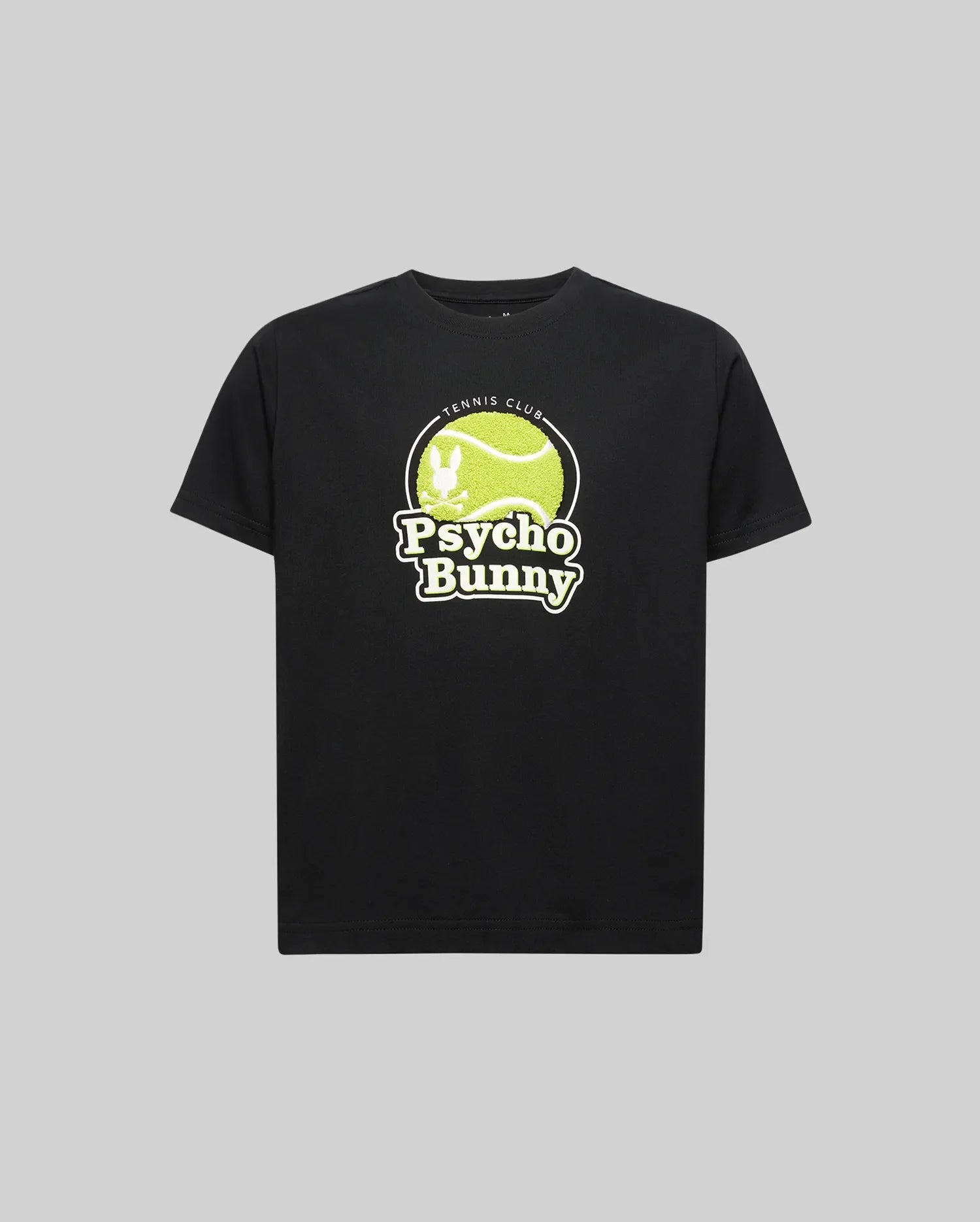 The KIDS PETE GRAPHIC TEE (KT0200038) by Psycho Bunny is a black Pima cotton t-shirt with a green tennis ball graphic, "TENNIS CLUB" above, and bold "Psycho Bunny" text in white and green below the design.