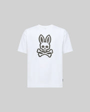 The KIDS RYDER OVERSIZED FIT TEE (KT0200056) by Psycho Bunny features a large stylized rabbit skull and crossbones graphic on the front, set against a light gray Pima cotton for premium softness.