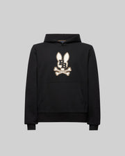 The Psycho Bunny KIDS WADE CORD PATCH HOODIE (KT0500031) is a black athletic hoodie in a premium cotton blend, featuring an embroidered long-eared Bunny patch with "PB" on the chest, shown on a plain gray background.