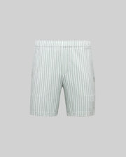 The Psycho Bunny MENS ROBERT KNIT STRIPE SHORT (MB0900007) features light gray soft knit cotton with vertical white stripes, an elastic waistband without a visible drawstring, shown against a plain gray background.