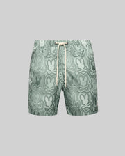 The Psycho Bunny MENS CHUCK ALL OVER PRINT LIGHTWEIGHT SWIM TRUNK (MB1000003) features an abstract green bunny pattern, quick-dry recycled polyester fabric, and a white drawstring waist, shown on a plain gray background.