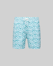 The Psycho Bunny MENS CYRUS ALL OVER PRINT SWIM TRUNK (MB1000004) features aqua blue quick-dry seersucker fabric, a white drawstring, and abstract white swirl patterns, shown on a plain grey background.