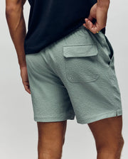 A person shown from behind, waist down, wears Psycho Bunny MENS ELIAS SWIM TRUNK - MB1000008 in light green classic fit with textured shorts, back pocket, and a black shirt against a plain background.