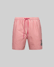 The Psycho Bunny MENS ZANE SWIM TRUNK (MB1000030) features red and white vertical stripes, no-chafe net lining, drawstring waistband, and a black and white bunny logo on the lower left leg, shown on a plain gray background.
