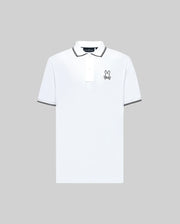 The Psycho Bunny MENS JUDE PIQUE POLO - MT0100012 is a white Pima cotton shirt with a black and white collar and sleeve trim, plus an embroidered Bunny logo on the left chest, shown against a plain gray background.