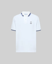 The Psycho Bunny MENS CHRIS PERFORMANCE PIQUE POLO (MT0100038) is a white Pima cotton polo with blue and white striped collar and cuffs, plus an embroidered bunny logo on the left chest, shown on a plain gray background.