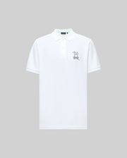 The Psycho Bunny MENS CYRUS PIQUE POLO (MT0100056) is a plain white Pima cotton shirt with a collar and buttons, featuring a small, outlined cartoon bunny with glasses embroidered on the left chest. Light gray background.