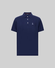 The Psycho Bunny MENS PHOENIX FASHION POLO (MT0100096) is a navy blue, short-sleeve Pima cotton shirt with a collar, three buttons, and a small white embroidered logo on the left chest, shown on a plain grey background.