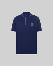 The Psycho Bunny MENS JAYDEN SPORT POLO - MT0100111 is a navy athletic-fit, short-sleeve shirt with a collar, partial button placket, left chest bunny logo, and moisture-wicking fabric. Shown on a plain light gray background.