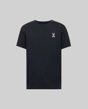 The Psycho Bunny MENS MISCHIEF BUNNY TEE (MT0200051) is a plain black short-sleeve Pima cotton shirt with a small white embroidered Mischief Bunny and red text on the left chest, shown on a light gray background.