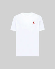 The MENS MISCHIEF BUNNY TEE (MT0200051) by Psycho Bunny is a plain white Pima cotton short-sleeve tee featuring a small embroidered Mischief Bunny and crossbones logo on the left chest, shown on a light gray background.